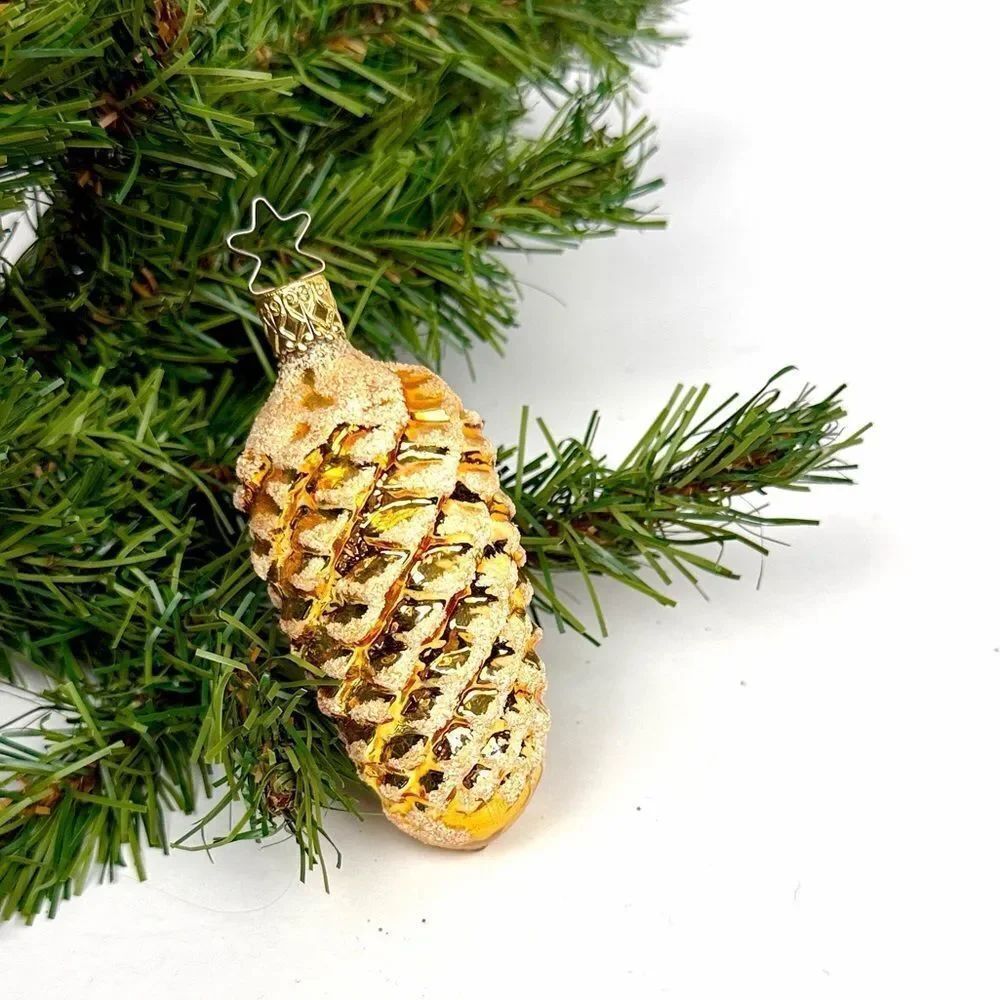 INGE-GLAS Christmas Ornament Blown Glass Shimmering Gold Pinecone 3,5" Germany